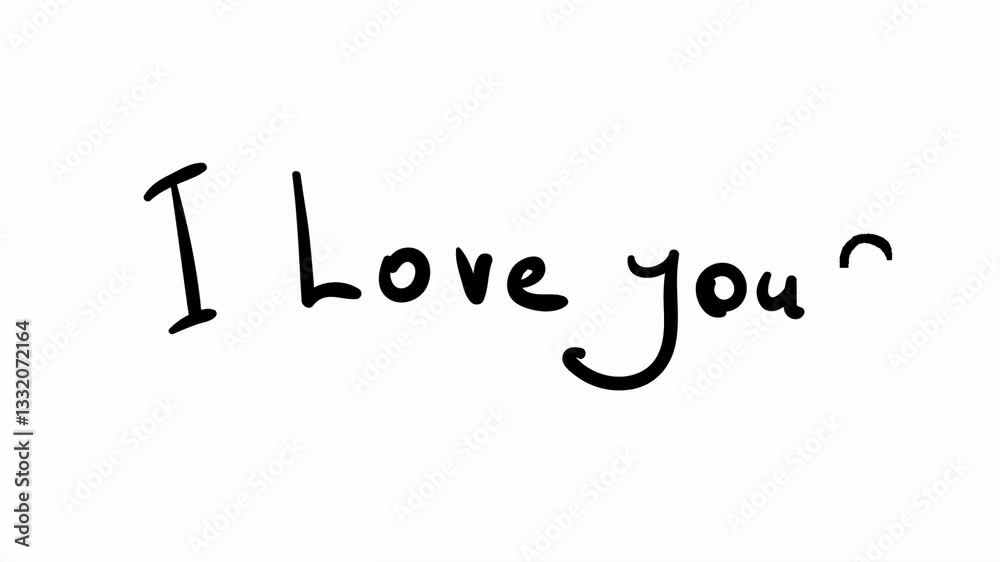 I love you self writing animation phrase, Doodle style text in 2d animation bold black letters with heart on white background