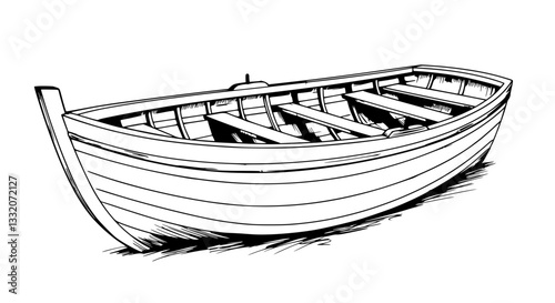 Simple Wooden Rowboat Line Drawing Against White Background