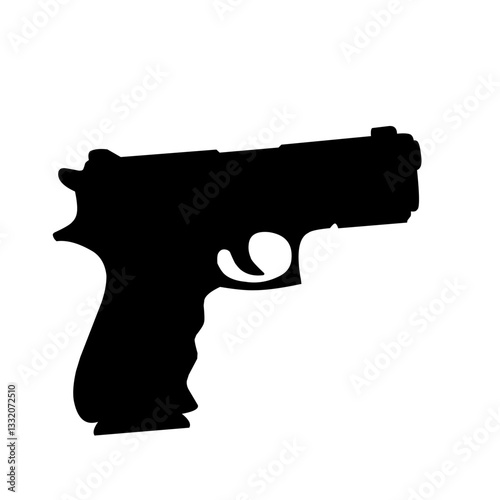A bold and simple silhouette of a handgun pistol, isolated on a white background. Perfect for use in security, law enforcement, military, and weapon-related projects. Ideal for creating logos, icons, 