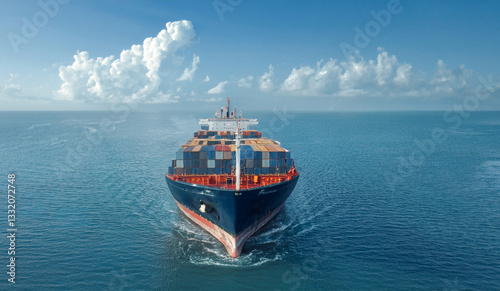 A large cargo ship loaded with colorful shipping containers sails through the open ocean under a bright blue sky with scattered clouds. The vessel cuts through the water, leaving a foamy trail behind.