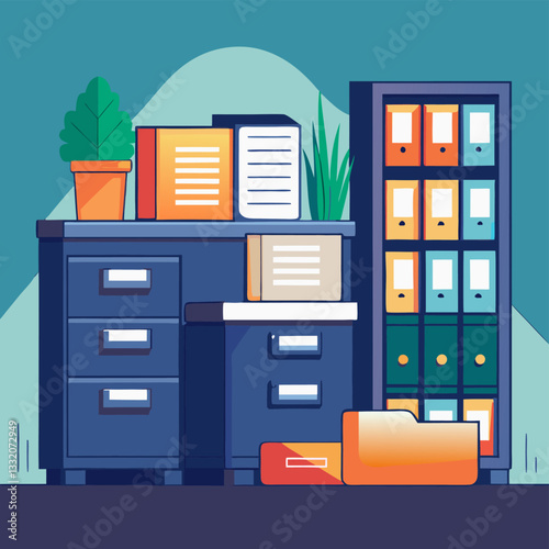 A drawing showing files in filing cabinets in an office environment