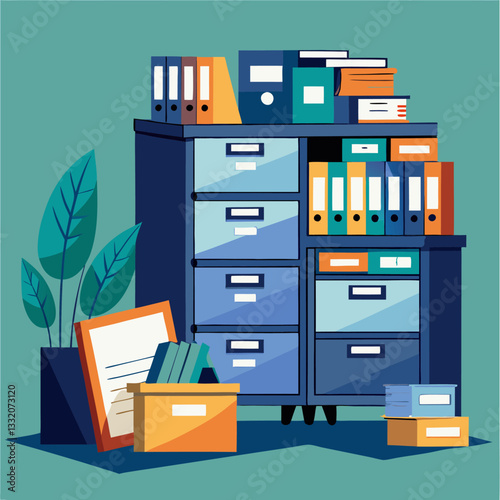 A drawing showing files in filing cabinets in an office environment