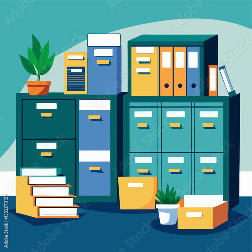 A drawing showing files in filing cabinets in an office environment