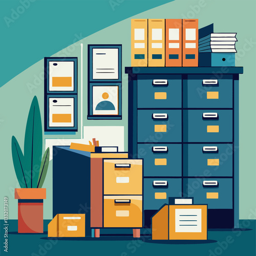 A drawing showing files in filing cabinets in an office environment