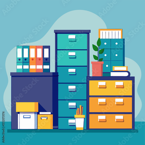 A drawing showing files in filing cabinets in an office environment
