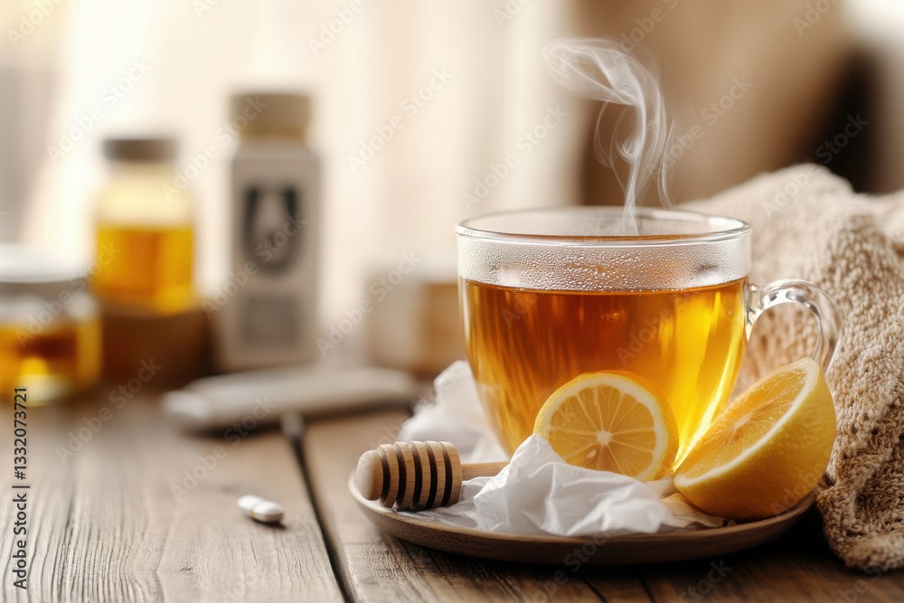 Comforting flu season care setup with tea, tissue box, and medicine Comforting flu season care setup with tea, tissue box, and medicine