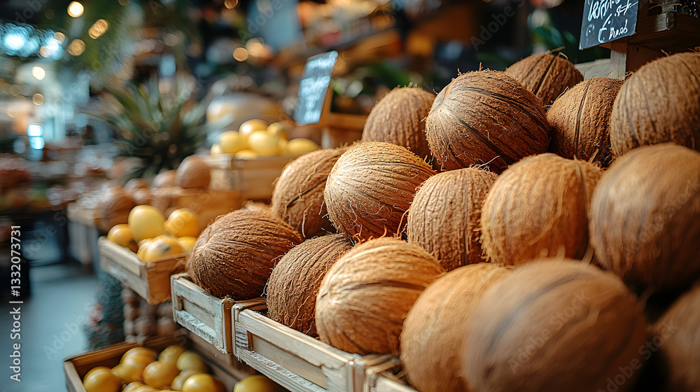 Coconuts Abundance: The image captures a vibrant scene of a fresh market. Coconuts in the foreground sit stacked and ready for purchase. Other tropical fruits are artfully arranged.