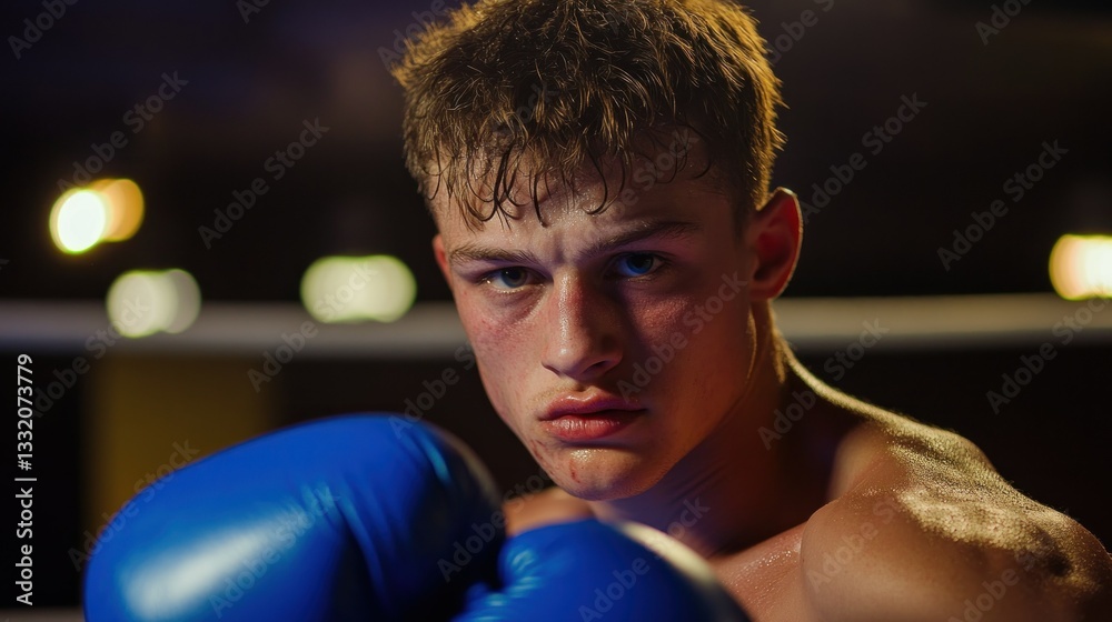 A determined boxer poses with intense focus in the boxing ring A determined boxer poses with intense focus in the boxing ring