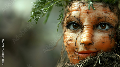 Carrot with Human Face in Soil with Green Sprouts Background