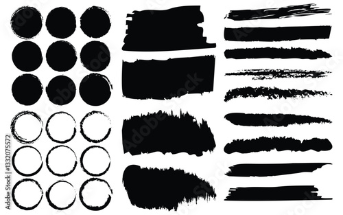 Set of black ink brushstrokes and circles vector on white background