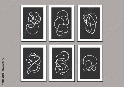 Minimal mid century wall art posters set with abstract shapes composition