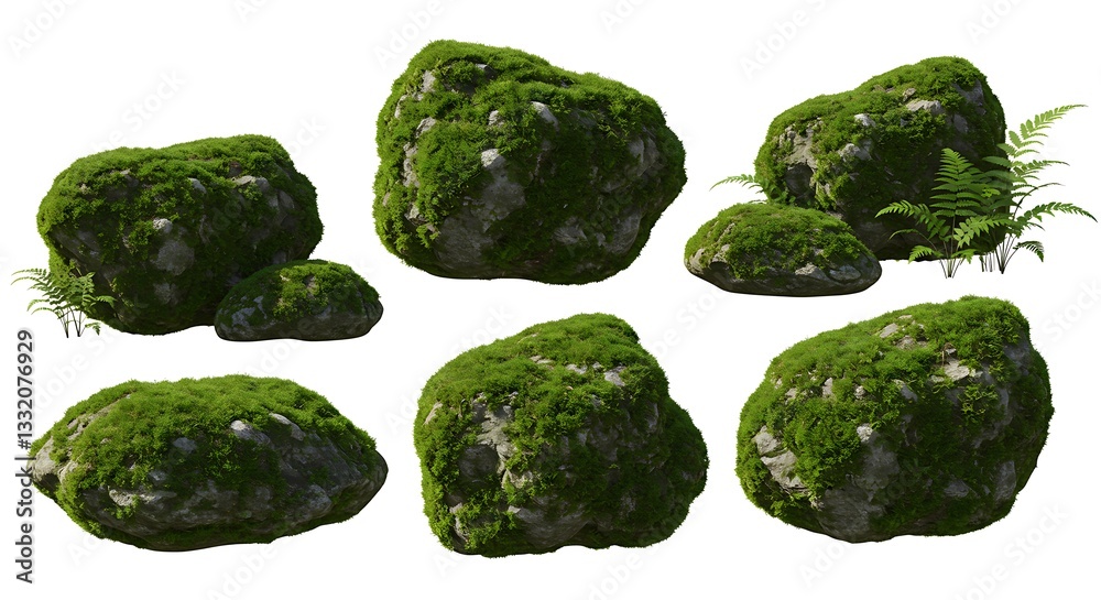 Green Mossy Rocks Nature Stones Garden Elements 3D Model High Resolution Realistic Textures Isolated Green Mossy Rocks Nature Stones Garden Elements 3D Model High Resolution Realistic Textures Isolated