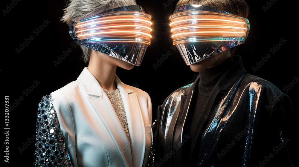 Two figures, futuristic and close-up, wearing metallic face masks with glowing orange lines.