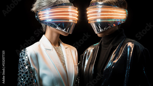 Obraz na płótnie Two figures, futuristic and close-up, wearing metallic face masks with glowing orange lines. w salonie