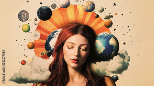 Obraz na płótnie Cosmic imagery surrounds a serene woman, creating a dreamlike atmosphere. w salonie