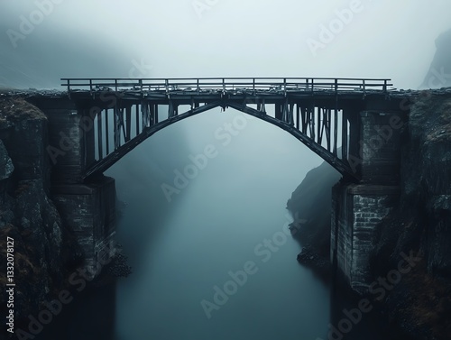 A foggy view of a historic bridge spanning a tranquil river, surrounded by misty landscapes.