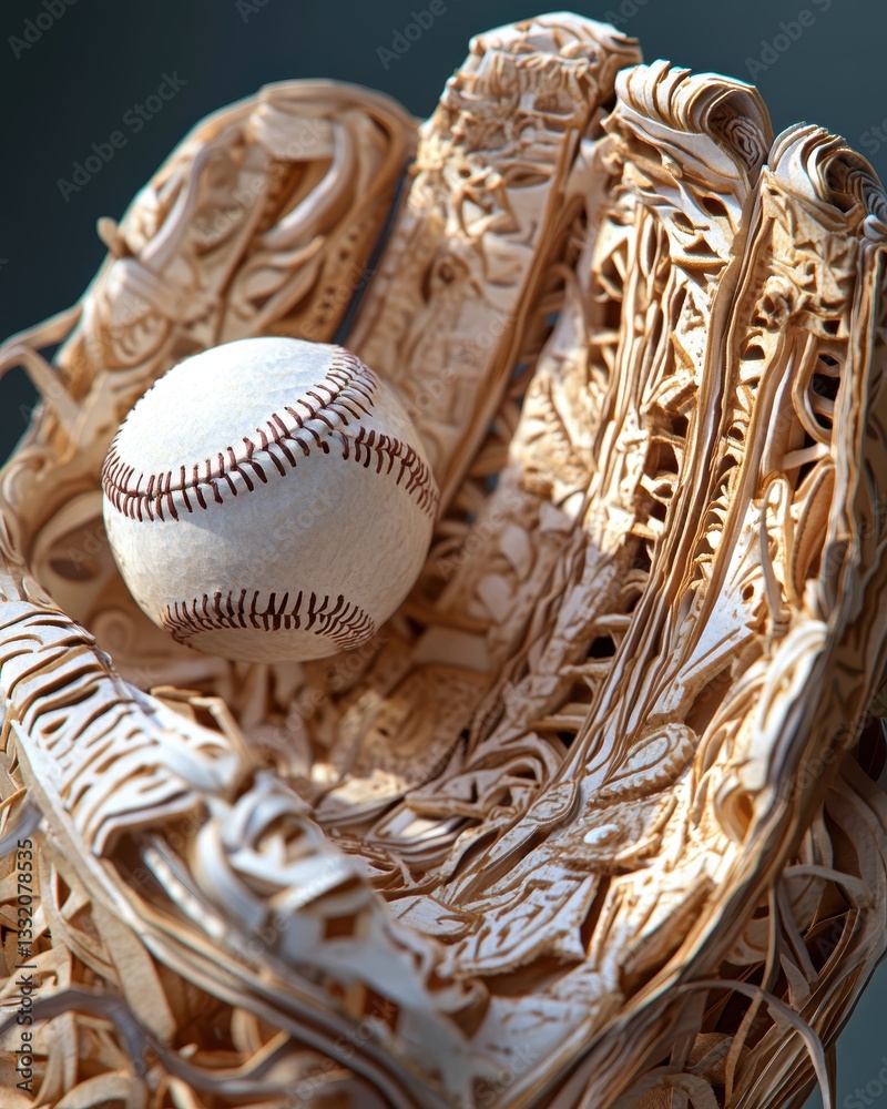 Fototapeta premium Detailed Wooden Baseball Glove with Baseball Inside Close-Up