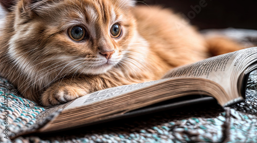 A ginger cat rests, engrossed in a book, its gaze fixed on the pages.