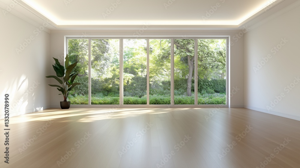 Fototapeta premium an empty room with large windows looking out onto a vibrant garden