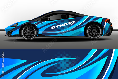 Sport car sticker design vector. Car sticker design. Sporty blue background with light blue abstract stripes for racing livery or vinyl sticker for daily use. Car design development for company.