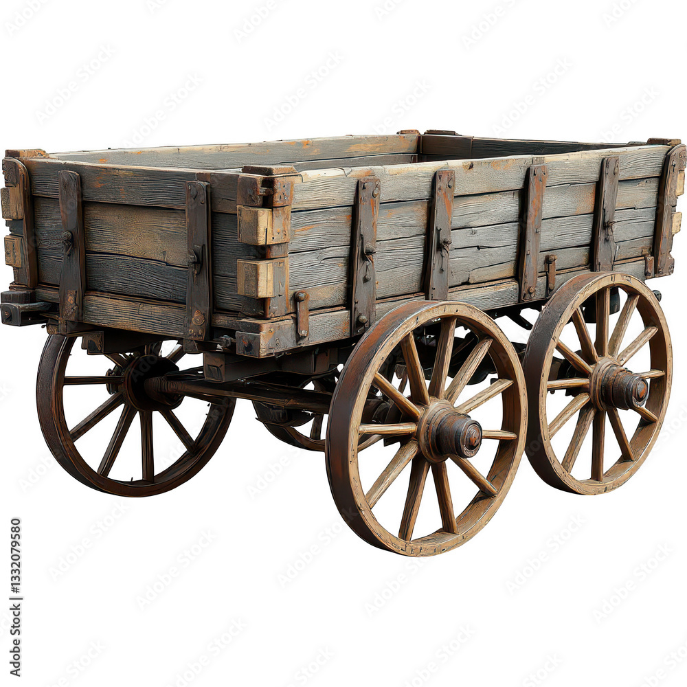 Obraz premium Rusty Vintage Cart with Wooden Wheels Isolated on White Background