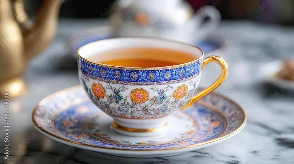 A Delicate Teacup with Exquisite Floral Design and Golden Accents on a Matching Saucer A Delicate Teacup with Exquisite Floral Design and Golden Accents on a Matching Saucer
