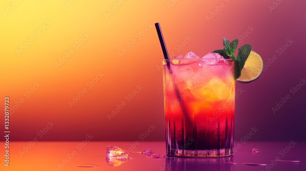 Refreshing Cocktail Drink with Ice and Lime on Reflective Surface