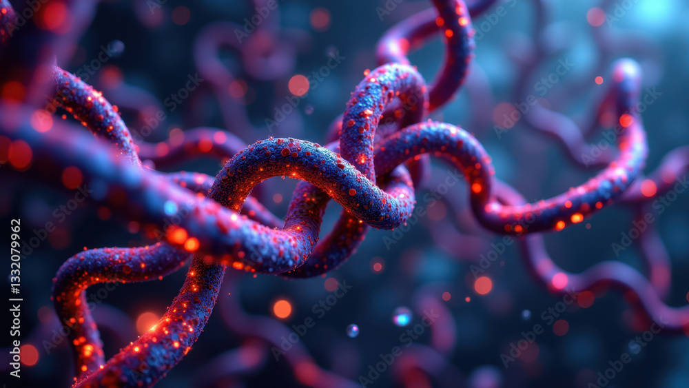 Close-up view of a molecular chain with vibrant colors representing a complex molecule or protein. Close-up view of a molecular chain with vibrant colors representing a complex molecule or protein.