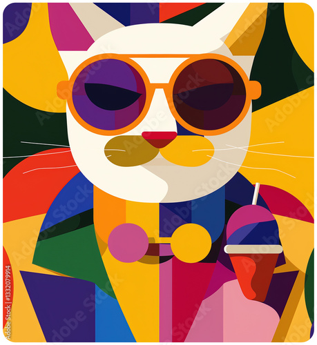 a colorful and abstract illustration of a cat wearing sunglasses. The background is composed of various geometric shapes and vibrant colors, creating a bold and dynamic visual effect.