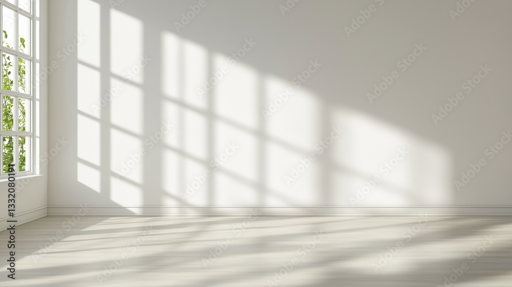 Fototapeta premium an empty room with natural sunlight streaming through a large window, casting shadows on the wall and floor