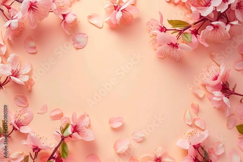 Elegant mockup featuring blooming sakura branches with delicate pink flowers on a soft pastel background. 