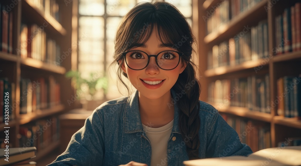 A young woman smiles while studying in a library.
