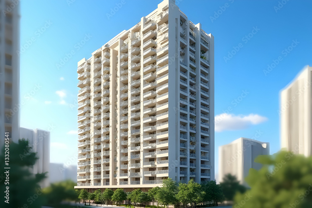 Modern Residential Building with Balconies Surrounded by Trees and Clear Blue Sky in an Urban Setting Modern Residential Building with Balconies Surrounded by Trees and Clear Blue Sky in an Urban Setting