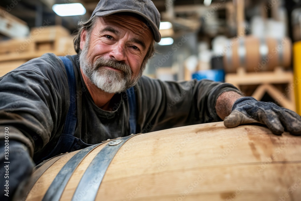 Cooper examining wooden barrel in workshop, craftsmanship and winemaking tradition Cooper examining wooden barrel in workshop, craftsmanship and winemaking tradition