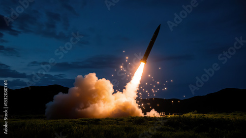 Ballistic missile launching at night with smoke and fire trail. Military weapons.
