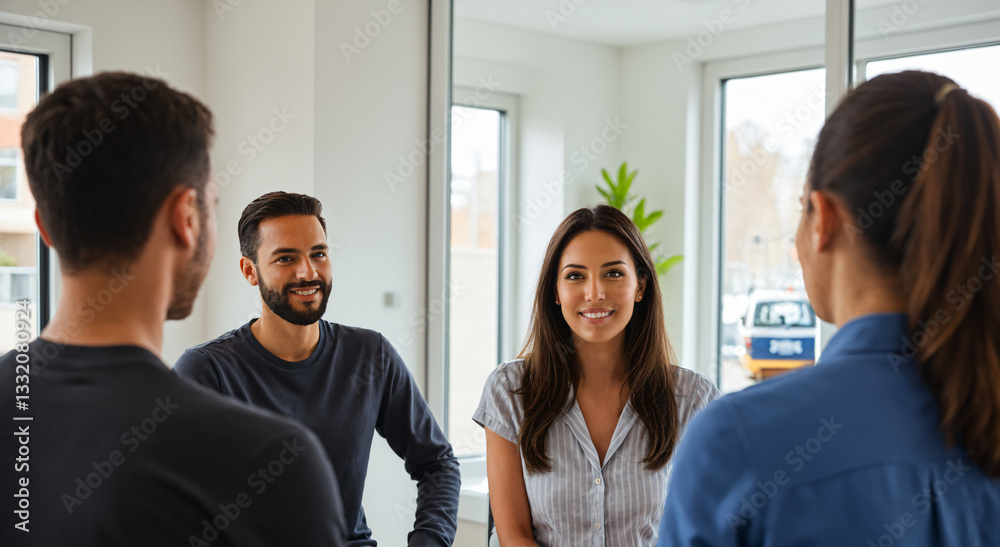 Obraz premium Group therapy session with young adults standing in a bright room, engaging in a friendly conversation. Smiling participants create a welcoming and positive atmosphere in the group discussion