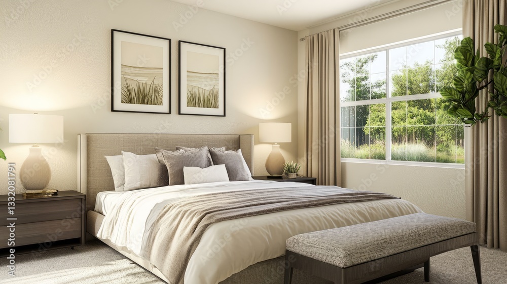 Fototapeta premium A modern bedroom design with a painting hanging on the wall behind.