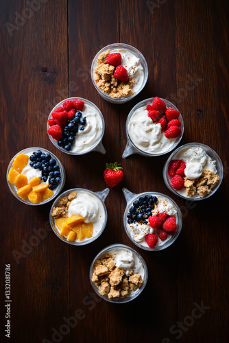 Greek yogurt parfait collection with different toppings, including fresh berries, granola, and whipped cream, displayed in a circular arrangement on a dark wooden surface. A balanced and nutritious br
