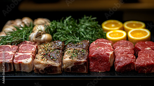 Culinary Palette: A meticulously arranged display of raw meats, fragrant herbs, and citrus fruits, a feast for the eyes and a prelude to a culinary experience.