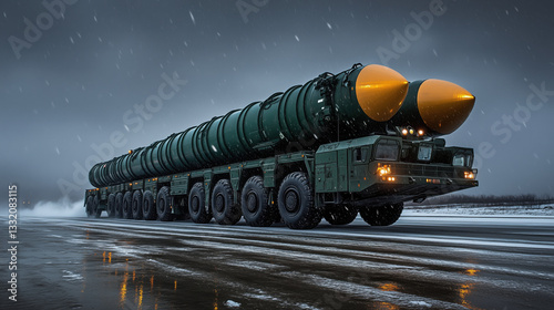 Intercontinental ballistic missile transporter driving on snowy road at dusk. Military weapons. photo