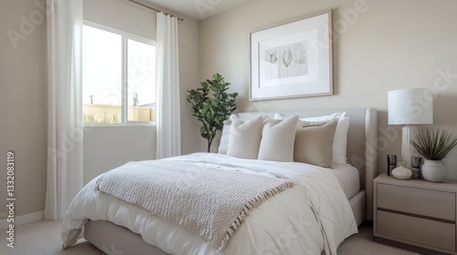 A modern bedroom design with a painting hanging on the wall behind.
