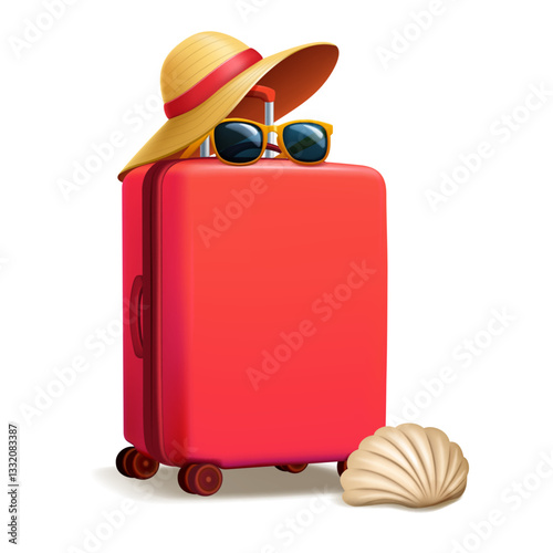 A vibrant red suitcase is accessorized with a stylish straw hat, yellow sunglasses, and a seashell, evoking the spirit of a fun-filled beach vacation.