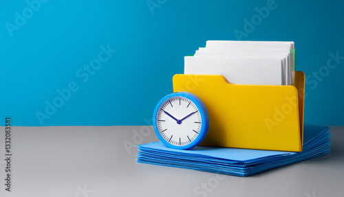 Office Productivity Concept: Blue Clock and Yellow File Folder with Documents Resting on Stack of Blue Folders Against a Bright Blue Background - Symbolizing Time Management, Deadlines, and Workflow O