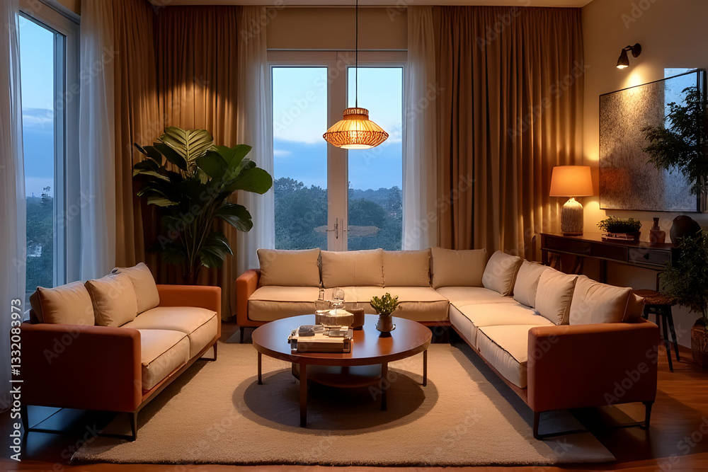 Fototapeta premium Cozy Living Room with Modern Furniture and Warm Lighting in Evening Setting by Large Windows with Decorative Elements