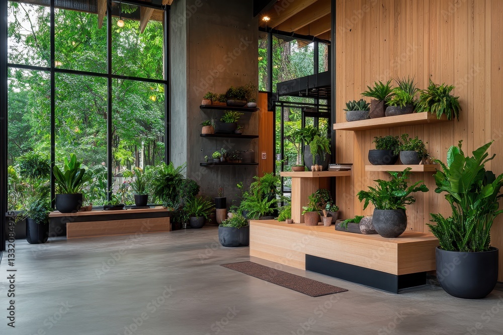 Modern biophilic design creating relaxing indoor oasis with lush greenery Modern biophilic design creating relaxing indoor oasis with lush greenery