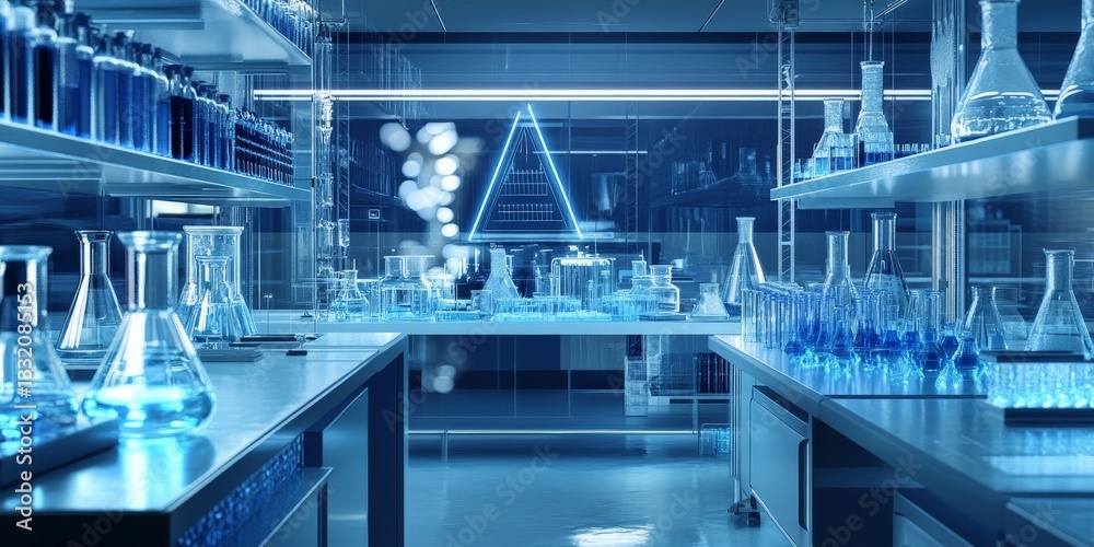 Modern Scientific Laboratory with Blue Liquids Modern Scientific Laboratory with Blue Liquids