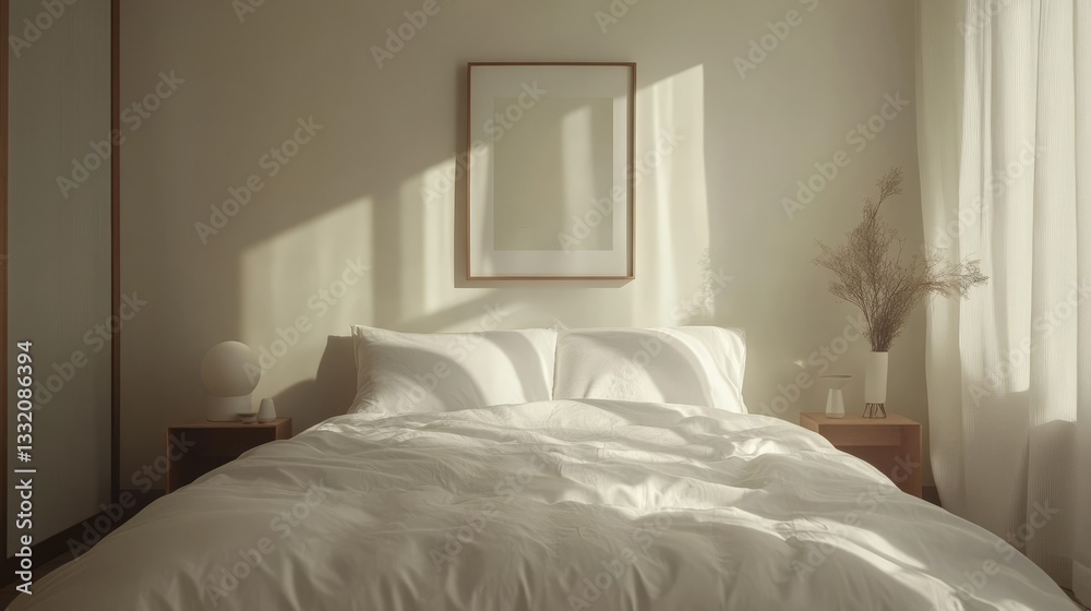 A blank frame hanging on the wall in a modern bedroom, for a mockup. A blank frame hanging on the wall in a modern bedroom, for a mockup.