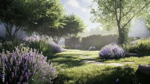 A beautiful lush garden with purple flowers and trees