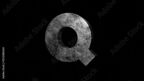 Dynamic 3D alphabet letter Q animation, Iron Metal grunge textured surface. high-contrast crack pattern. 3D render reveal and out. Perfect for cinematic intro, title sequences or branding project.