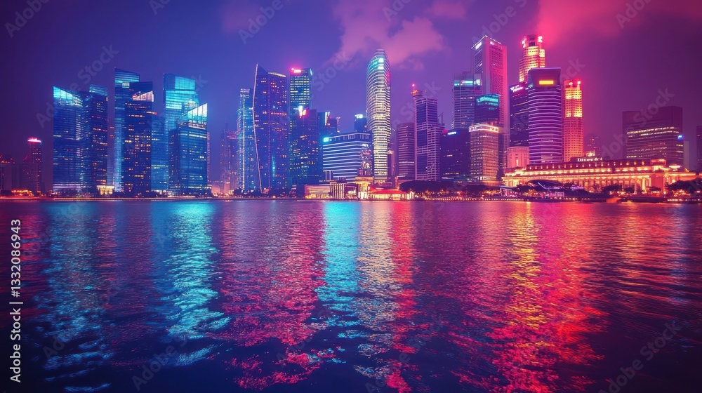 Fototapeta premium Vibrant night cityscape reflected in calm water.